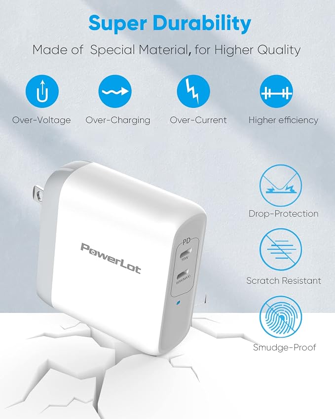 USB C Wall Charger PowerLot 68W 2-Port GaN PD 3.0 USB C Charger Block 60W USB C Power Adapter for MacBook Pro Fast Wall Charger for iPhone 15 pro maxiPhone14/13/12 Pro Max iPad ProiWatchiPods