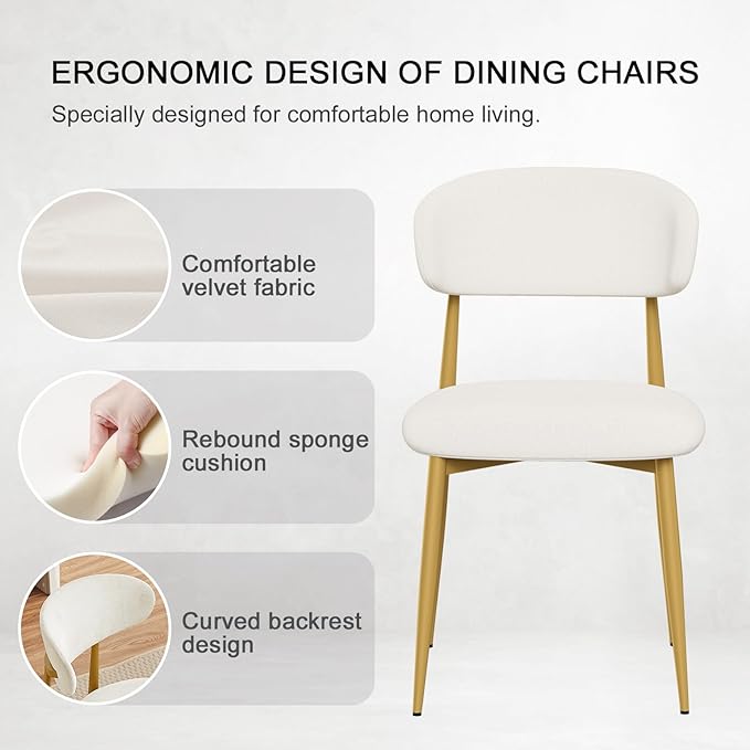 Velvet Dining Chairs Set of 2, Modern Kitchen Chairs with Curved backrests and Metal Legs, Upholstered Dining Chairs for Dining Room,White and Gold