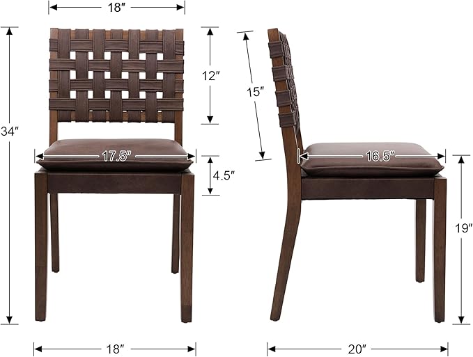 Woven Faux Leather Dining Chairs Set of 6, Farmhouse Upholstered Kitchen Chairs with Wooden Legs Armless Accent Side Chairs for Dining Room/Restaurant, Brown