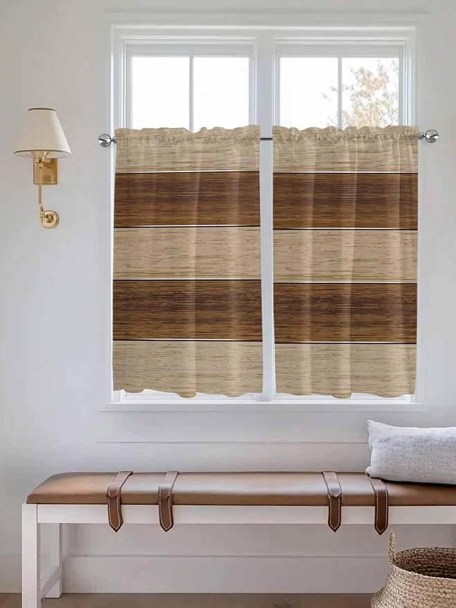 Retro Country Brown Wooden Board Window Valance Curtains, Farmhouse Gradient