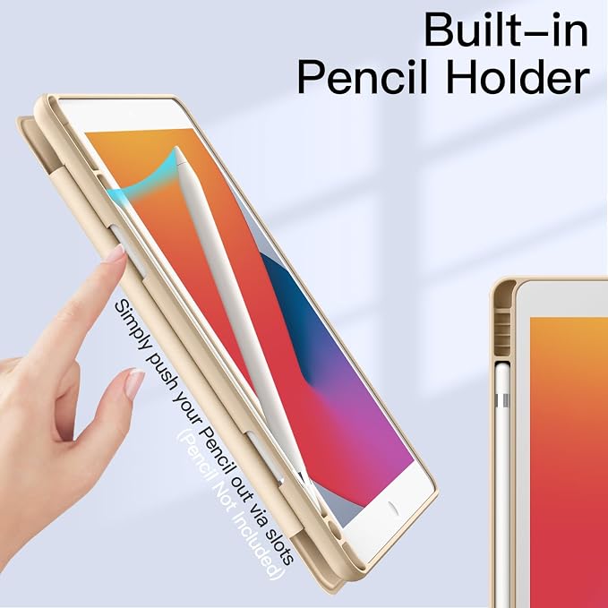 JETech Case Cover for iPad 9th/8th/7th Gen 10.2 Beige | Clear Transparent Back Pencil Holder Slim Shockproof Protection Tri-Fold Stand Auto Wake/Sleep