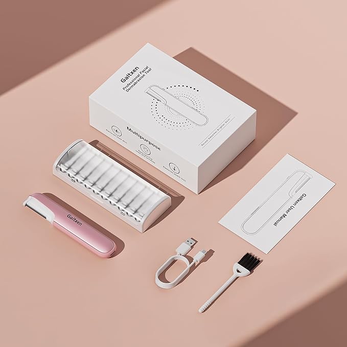 Galtxen Dermaplaning Tool for Women Pink - Facial Exfoliation & Peach Fuzz Hair Removal with Rechargeable Sonic Edge Technology, 10 Refill Blades