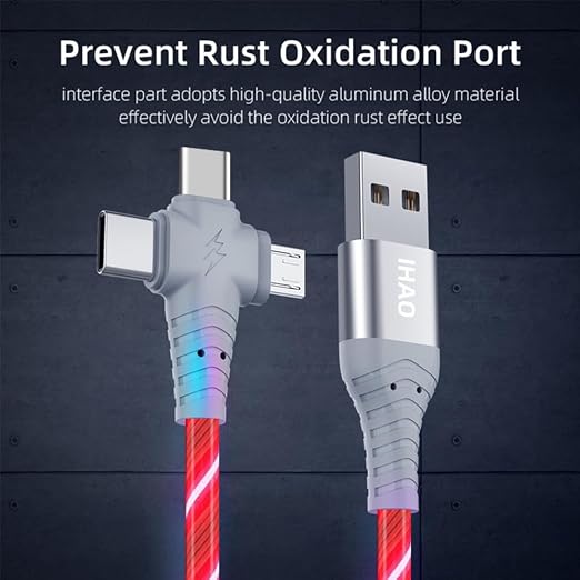 IHAO Multi Ports Light-Up USB Cable USBA to USBC/MicroUSB Cable Durable Fast Charging Cable with Visible Current Flow As Night Light Use-3in1 Blue
