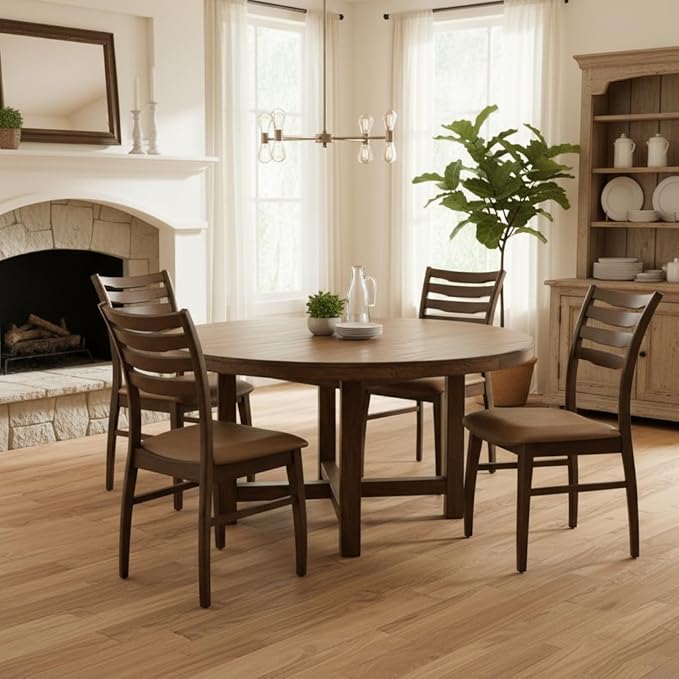 DUOMAY Farmhouse Dining Chairs Set of 6, PU Brown Upholstered Side Chairs Solid Wood Ladder Back Kitchen Chairs for Home Dining Room, Walnut Frame