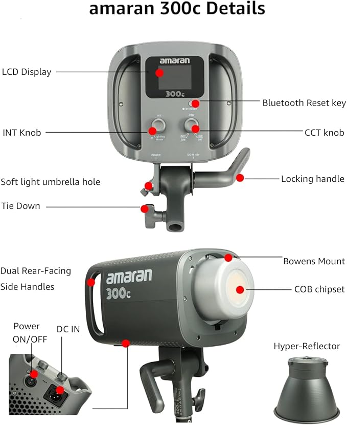 Amaran 300c RGB LED Video Light,Bowen Mount, 2,500K-7,500K CCT with G/M Adjustment, APP Control,Key Light,Studio Light,Photography Lighting (amaran 300c Grey)
