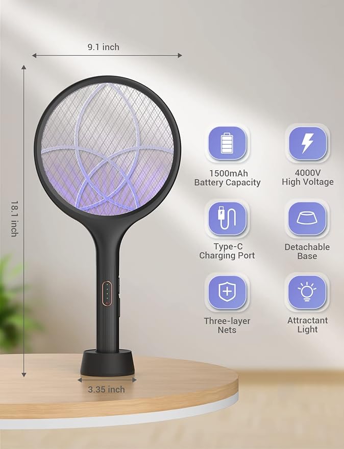 YISSVIC Electric Fly Swatter 4000V Bug Zapper Racket Dual Modes Mosquito Killer with Purple Mosquito Light Rechargeable for Indoor Home Office Backyard Patio Camping (Black-1 Pack)