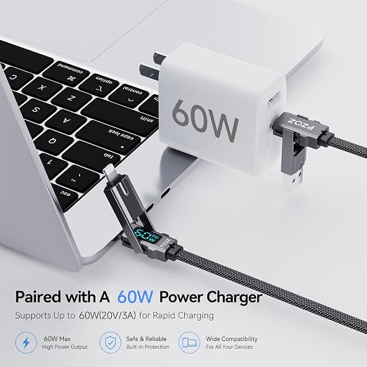 pzoz 4-in-1 Multi Charging Cable with LED Display One Cable for USB-C &amp Lightning Devices 60W Fast Charging Cord USB A/C to USB C/Lightning for iPhone 17/16/15 iPad MacBook Samsung(5 ft)