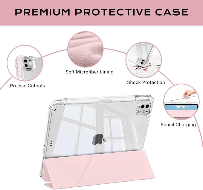 Clear Case for iPad Pro 12.9 inch 6th/5th/4th/3rd Gen with Y-fold &amp Trifold Stand Pencil Holder Support Pencil Charging [Auto Wake/Sleep] Lightweight Shockproof Hard PC Back Cover Black
