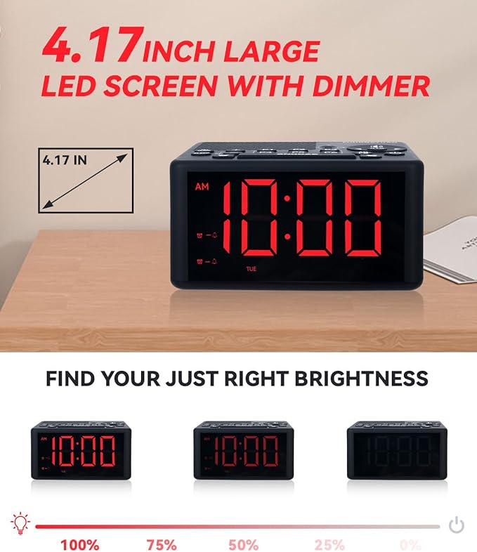 Digital Alarm Clock Radio with AM/FM Radio, Presets, Dual Alarms, Weekday / Weekend Alarm, Snooze, Sleep Timer, Dimmable Red LED Screen for Bedrooms, living rooms, kitchens, offices, etc (Red)