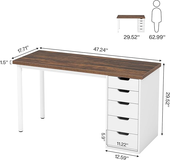 Tribesigns Computer Desk with 5 Drawers, 47 inches Rustic Brown Home Office Desk with Storage, Modern Simple Laptop Desk Study Writing Table for Small Spaces (Reversible Drawer Cabinet)