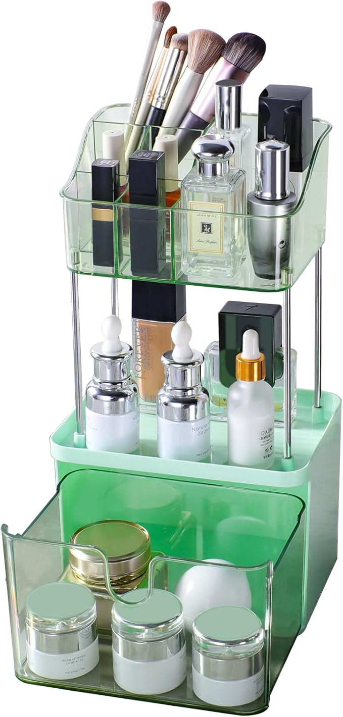 Makeup Organizer Countertop with Drawer, Bathroom Counter Organizers, Anti-Slip Dustproof Exquisite Dresser Vanity Storage for Skin Care Perfume Beauty Lipstick,Green
