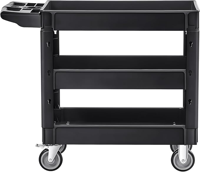 VEVOR Utility Cart, 3-Tier Plastic Service Cart with 550LBS Capacity, 360° Swivel Casters (Including 2 Locking Wheels), Medium Lipped Shelves, Ergonomic Handle, for Garage, Warehouse, Cleaning Tasks