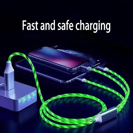 IHAO Multi Ports Light-Up USB Cable USBA to USBC/MicroUSB Cable Durable Fast Charging Cable with Visible Current Flow As Night Light Use-3in1 Blue