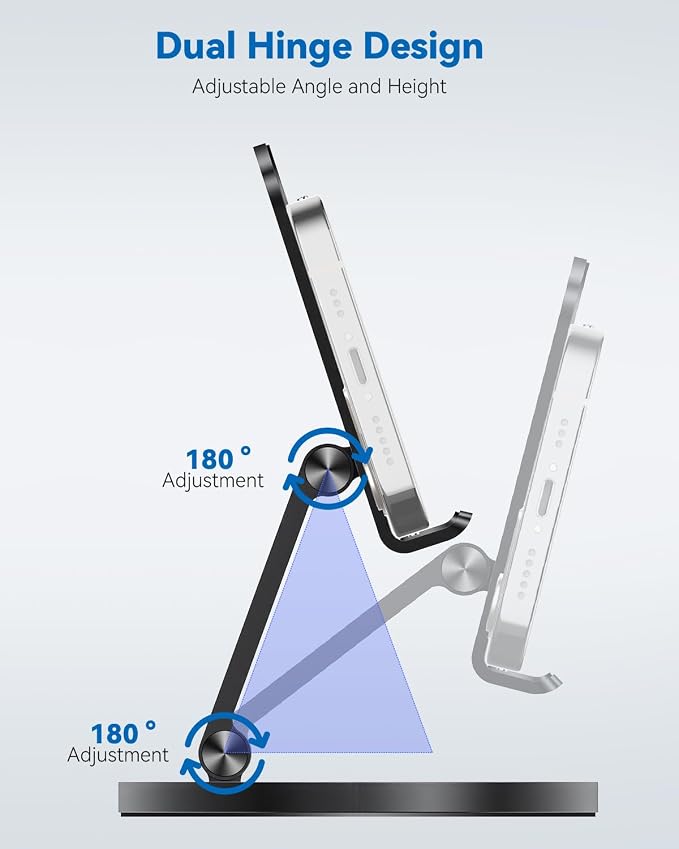 Phone Stand for Desk 360° Rotating Dual Adjustable Foldable Cell Phone Holder Heavy Solid All-Aluminum Base Anti-Slip Stable Support for Home Office Study Fits iPhone Galaxy 4-8 Phones