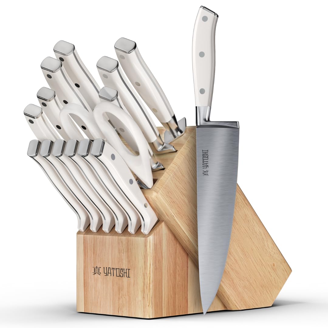 Yatoshi 15 Piece Knife Block Set - Pro Kitchen Knife Set Ultra Sharp High Carbon Stainless Steel with Ergonomic Handle