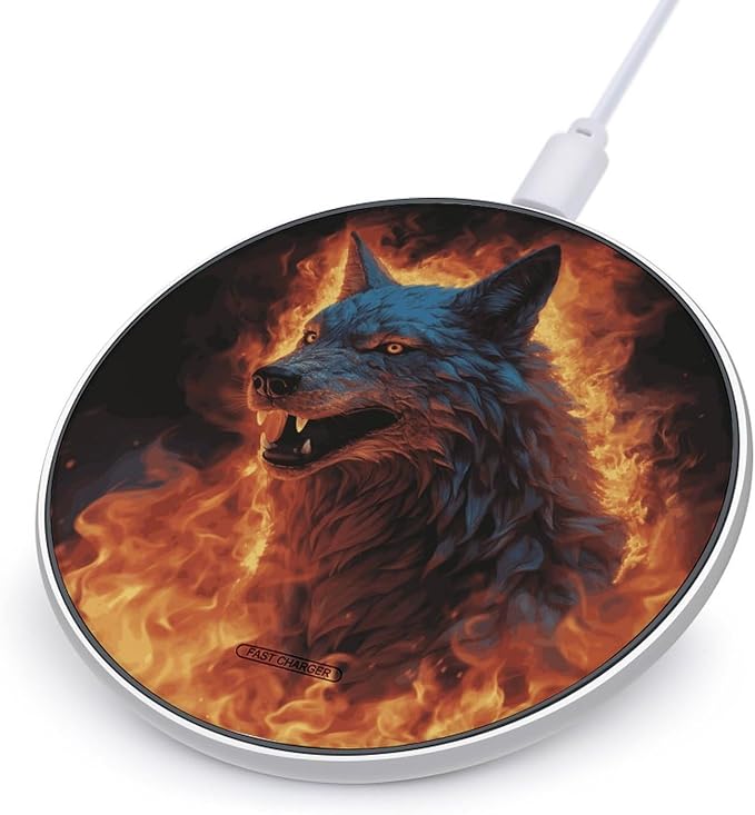 Wolf Surrounded by Fire Wireless Charger with Aluminum Alloy Frame Qi Certified Fast Wireless Charging Pad 10W Charging Station Portable Phone Charger for All Wireless Charging Phone