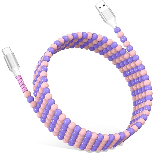 Jelanry 3FT USB-A to USB-C Fast Charging Cable Beaded &ampData Sync Women Girl | Cute kawaii beaded cable for iPhone 17/16/15 Samsung S26/S25/S24 Pixel iPad Fast charge for daily use office &amp tra