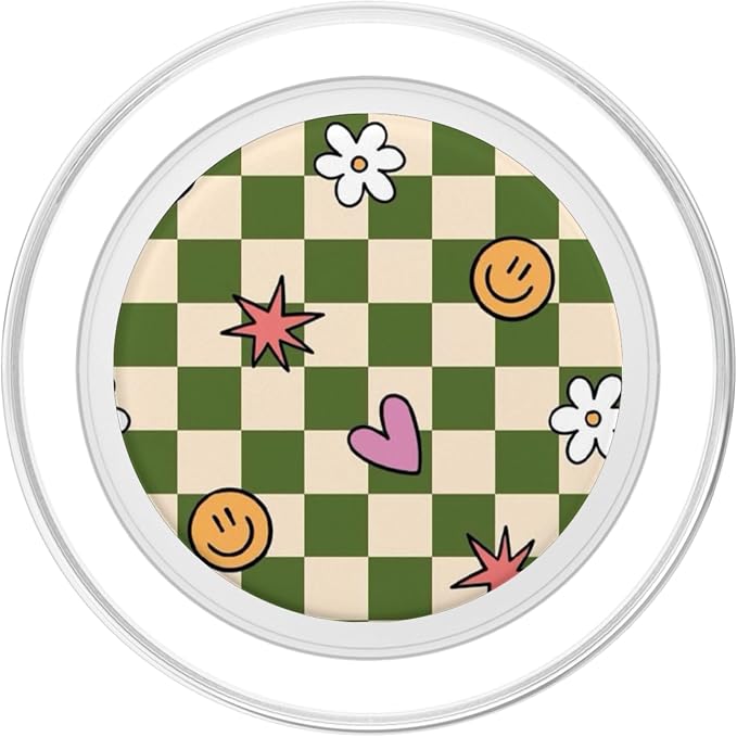 Green Checker Cute Doodle Pattern PopSockets Adhesive PopGrip