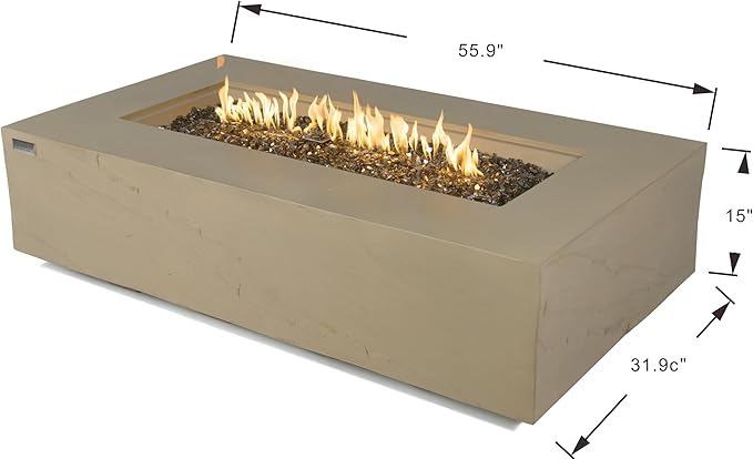 Elementi+ | Bundle Colorado Gas Fire Pit Cast Concrete 56" Rectangular Fire Table | Electronic Ignition | Canvas Cover, Fire Glass and Burner Lid Included | Sunlight Yellow | Natural Gas
