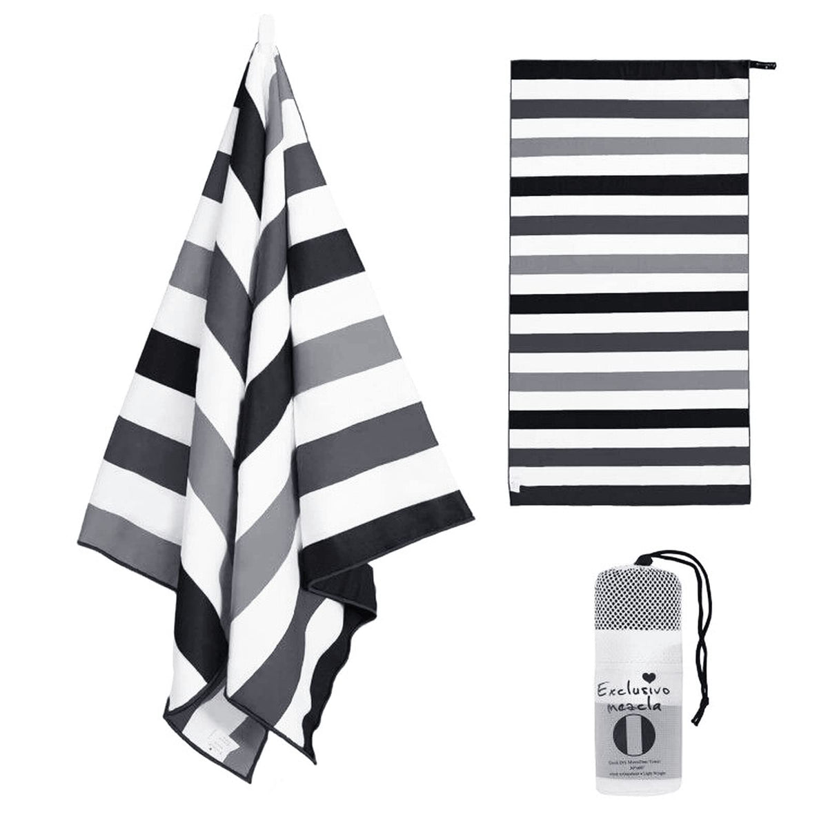 Exclusivo Mezcla Microfiber Quick Dry Beach Towel, Oversized Lightweight Sandfree Pool Towel for Swimming Camping Travel with Bag (Black, 35x70 Inches)