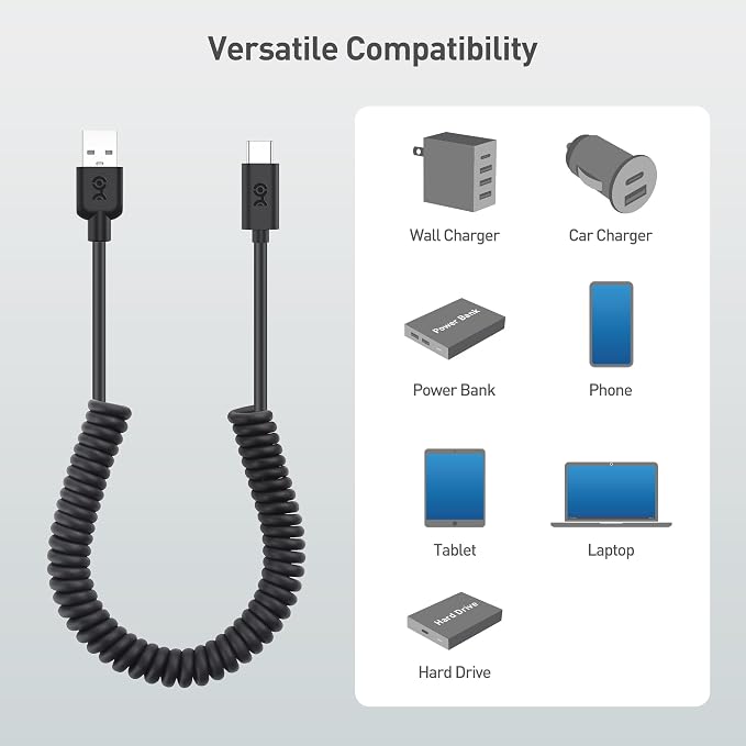 Cable Matters 2-Pack USB to USB C Coiled Cable 3A/15W 1-4ft | Supports Apple CarPlay and Android Auto for iPhone 17/16 Galaxy S23 iPad Coiled USB A to USB C Cable