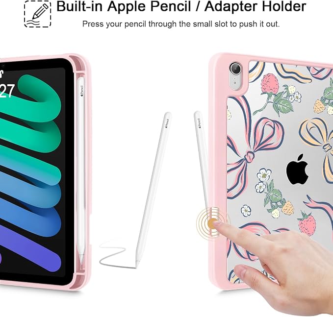 Case for iPad mini (A17 Pro 7th Generation) 2024/iPad Mini (6th Gen) 8.3 Inch with [Built-in Pencil Holder] Shockproof Cover with Clear Transparent Back Shell &amp Auto Wake/Sleep - Blue Bows