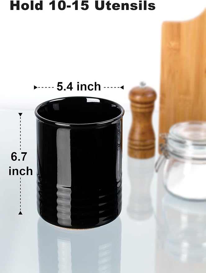 Utensil Holder, 6.7" Ceramic Kitchen Utensil Crock for Countertop Cooking, Modern Utensil Caddy Jar Organizer for Farmhouse Kitchen Counter Decor (Black)