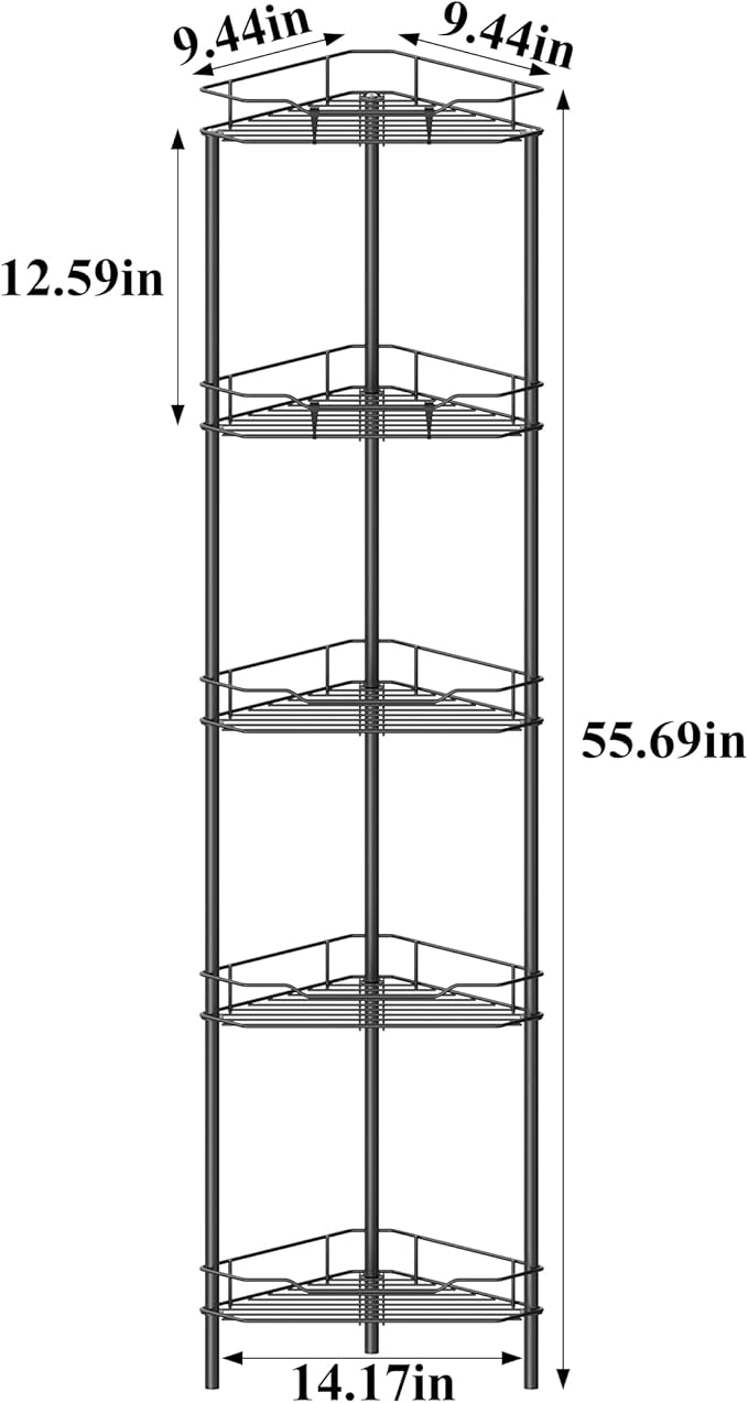 5 Tier Floor Standing Corner Shower Caddy Organizer Shelf with Hooks, Bathroom Shelves Stand Rack, Black
