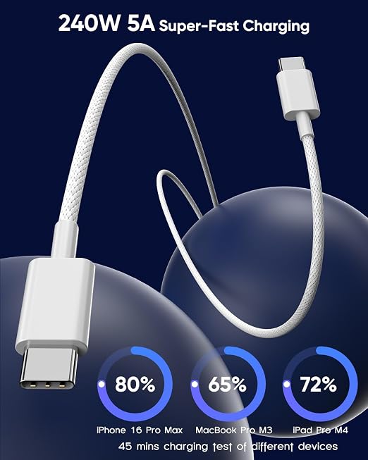 USB C to USB C 240W USB C Cable 2-Pack 10ft C to C Cable Fast Charging for MacBook Pro/MacBook Air iPad Pro/iPad Air iPhone 16 15 Pro Max Plus Samsung GalaxyCompatible 140W/100W/65W/45W/35W/20W