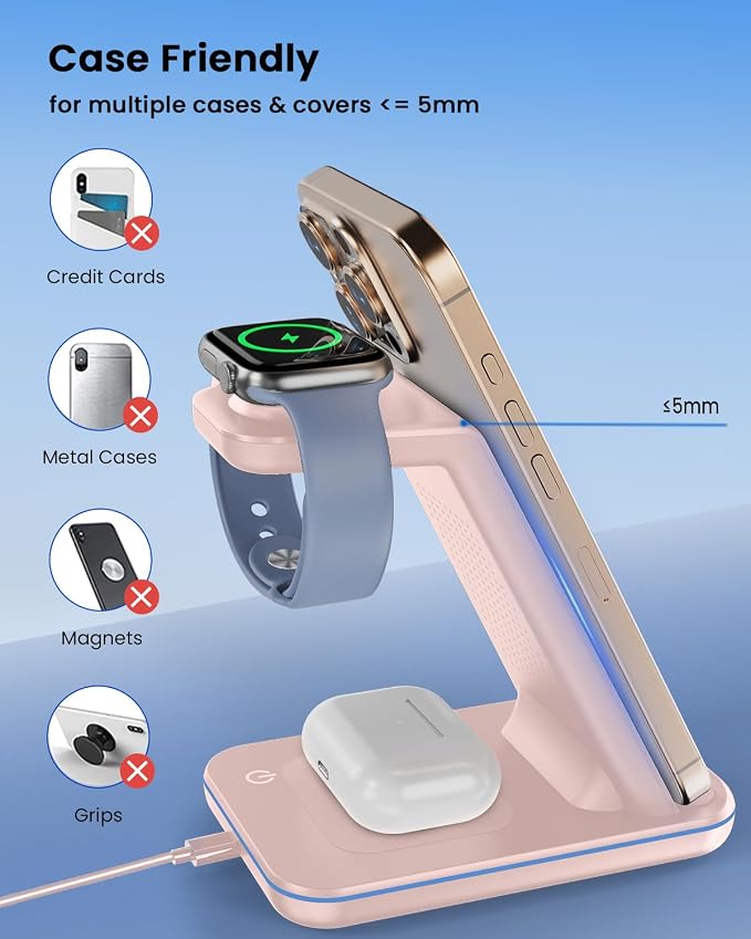 Wireless Charger Stand CIYOYO 3 in 1 Fast Wireless Charging Station Dock for Apple Watch 11/9/8/7/6/SE/5/4/3/2 Airpods 3/2/Pro iPhone 17/16/15/14/14 Plus/14 Pro Max/13/13 Pro/12/12 Pro/SE/X/XR/XS/8