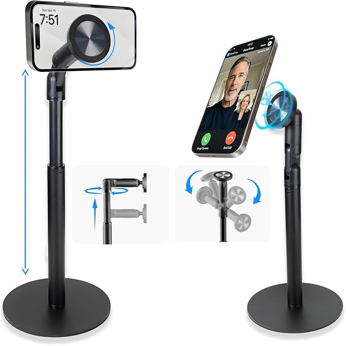 Phone Stand for Desk with MagSafe Magnetic Function，Aluminum Alloy Phone Stand 360° Rotatable &amp Telescopic for Video Recording，Stand for iPhone 17 Pro Max 16/15/14/13/12 and for Samsung.