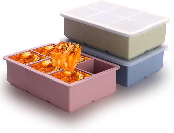BECOKIT 1/2 Cup Silicone Freezer Tray With Lid,Silicone Freezer Molds 3-Pack For meal prep & freezing of various sauces and other dishes, makes 18 perfect 1/2 cup portions cubes (Multicolor 3 Pack)