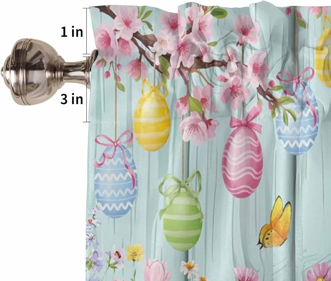 Happy Easter Half Window Curtain 36 Inches Long, Spring Bunny Eggs Flower Teal