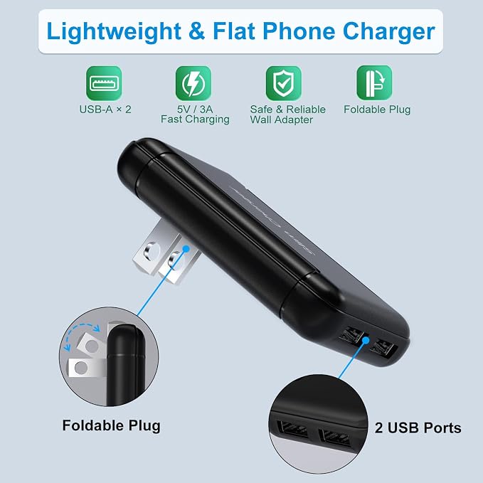 Slim USB Charger Block OKRAY Flat Dual USB Wall Charger with Foldable Plug | 3Pack Ultra-Thin 5v/3a Fast Charging Blocks USB-A Port Phone Charger Travel Adapter for iPhone 14 13 12 11 XR Galaxy S24