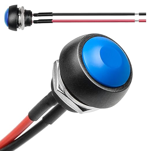 QTEATAK 1/2"(12mm) Pre-Wired Mounting Hole On/Off Blue Mini Round Waterproof Momentary Push Button Switch JF-33B -2Pack