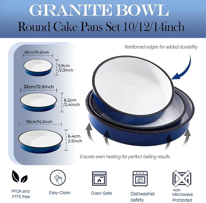 3-Pack Enamel Roasting & Baking Pan Set 10/12/14 Inch Round Cake Pans, High Temperature Resistant Baking Dishes for Turkey Pizza Casseroles Oven Bakeware PFOA & PTFE Free Ideal Gift for Mom - CookWare