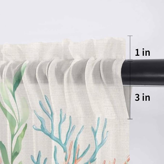 Summer Beach Sheer Valance Curtains, Ocean Colorful Coral Shell Seaweed