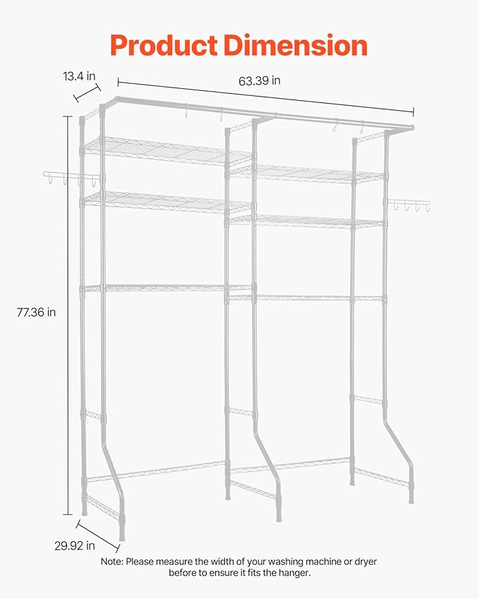 VEVOR Over The Washer and Dryer Storage Shelf, 6 Tier Laundry Room Drying Rack with Hanger Rod and Hooks, Adjustable Over Washer and Dryer Shelves, Laundry Room Shelf Storage Space Saver, White