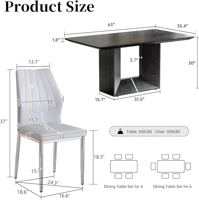 63" Modern Black Dining Table Set for 6 with Chairs, 7 Piece Rectangular Dining Room Table and 6 PU Leather Chairs, Kitchen Dining Set with Matte Wood Finish, Geometric Base, Easy Assembly