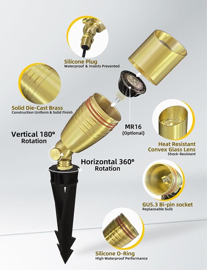 COLOER Die-cast Brass Landscape Spotlight 12-Pack Without Bulb,12V AC/DC Low Voltage Copper Outdoor Lighting with Ground Stake, Directional Garden Patio Spot Up Light (102B Copper Finish)