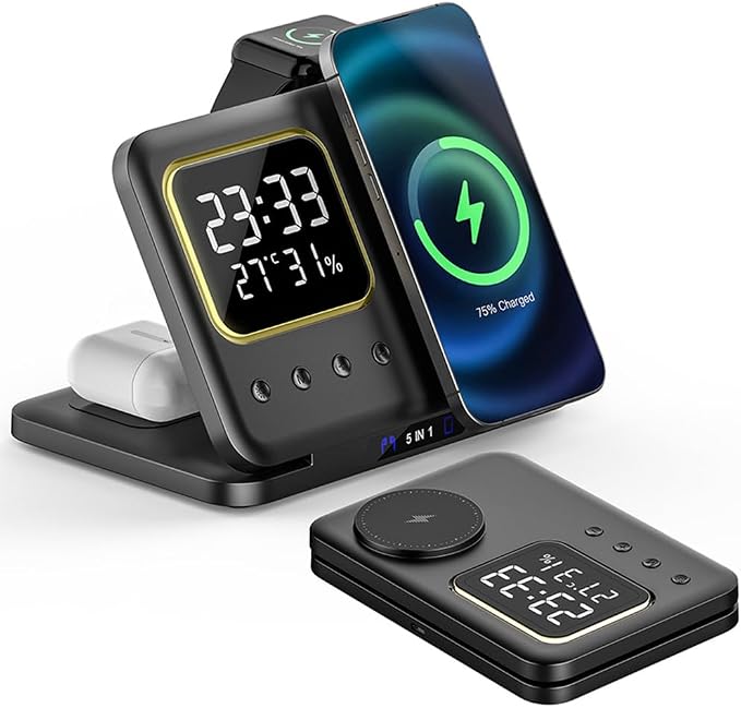 IHAO 3in1 Multifunctional Foldable Wireless Charging Station with LED Ambient Night Light Fast QC3.0 Charger for Phone iWatch Headphone Space-Saving Auto-Shutoff &amp Overcharge Protection-Black