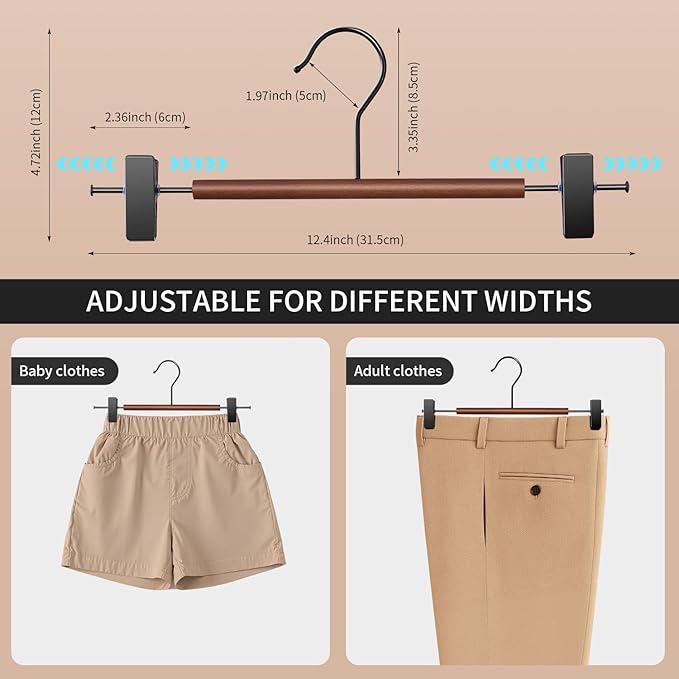 Wooden Pants Hangers with Clips 20 Pack Adjustable Wood Skirt Hangers for Women&Men Space Saving Closet Non Slip Clothes Hanger for Jeans,Trousers,Short,12Inch Brown