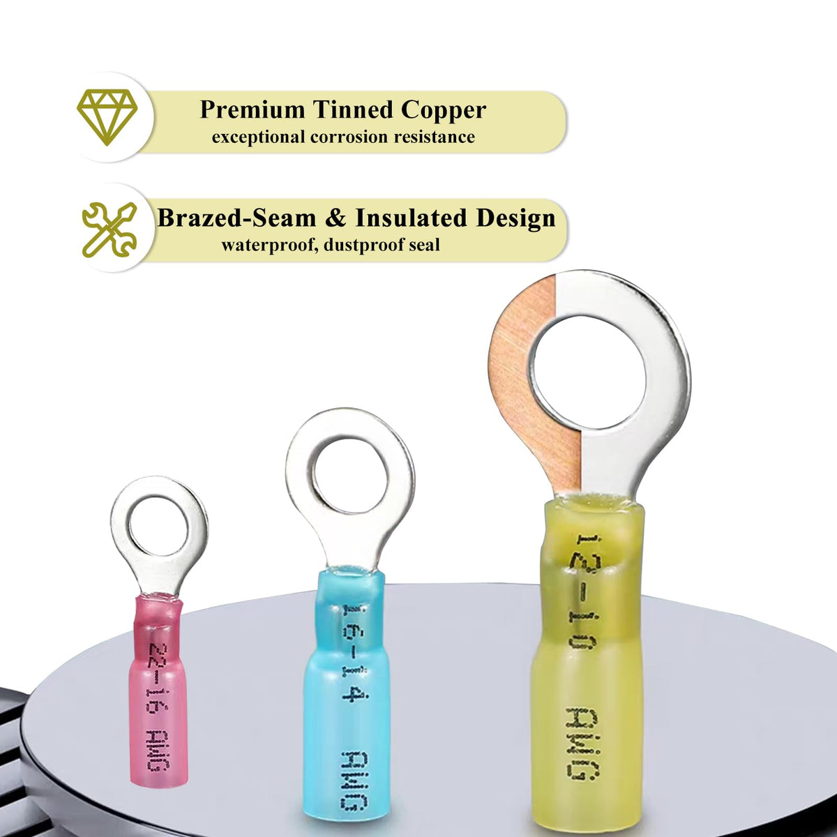 60pcs #10(M5) Heat Shrink Ring Terminals Yellow 12-10 Gauge Tinned Copper Ring Terminals Eyelet Wire Connectors Brazed-Seam Insulated Electrical Crimp Wire Terminals for Boat Truck Stereo Car