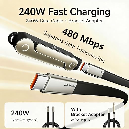 SIDEWAY Phone Charger 240W Silicone Cable with Detachable Stand - Universal Type-C 90° Angle 480Mbps Data Transfer Speed(balck)