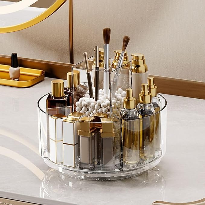 LINFIDITE 360 Rotating Makeup Organizer Clear Cosmetic Storage Holder Tray with 6 Compartment Makeup Brush Lip Gloss Organizer Case for Bathroom Cabinet Vanity Desktop