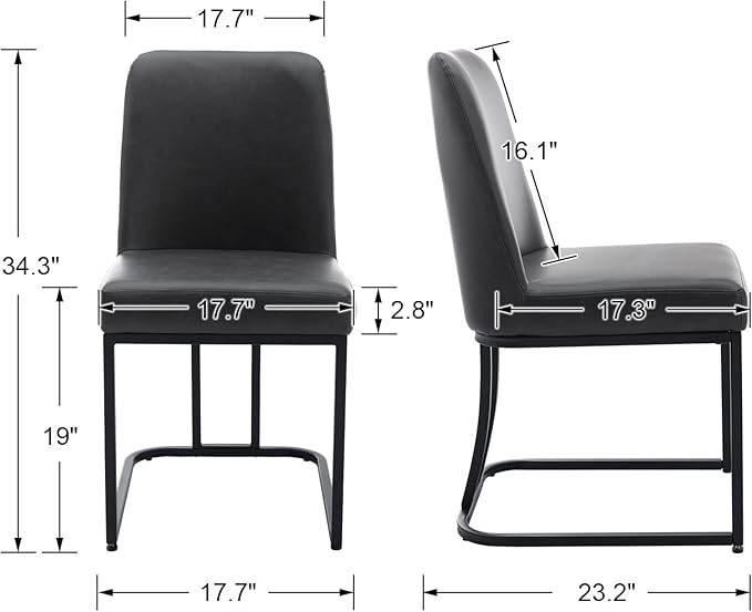 Charcoal PU Leather Dining Chairs Set of 2 Mid Century Modern Comfortable Dining Room Chair with Curved Backrest, Upholstered Kitchen Side Chairs with Black Metal Legs