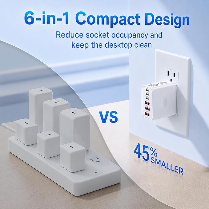 65W USB C Charger Block 2 Pack 6-Port PD Fast Wall Charger | 3 USB-C + 3 USB-A ports PD 3.0 fast charging compatible with iPhone 17/16/15 iPad Samsung Galaxy AirPods Switch &amp more