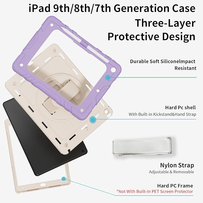 Case for iPad 9th/8th/7th Generation10.2 Shockproof 360 Rotating Stand Shoulder Hand Strap with Pencil Holder for iPad 10.2 inch 2021/2020/2019 Case (Black)