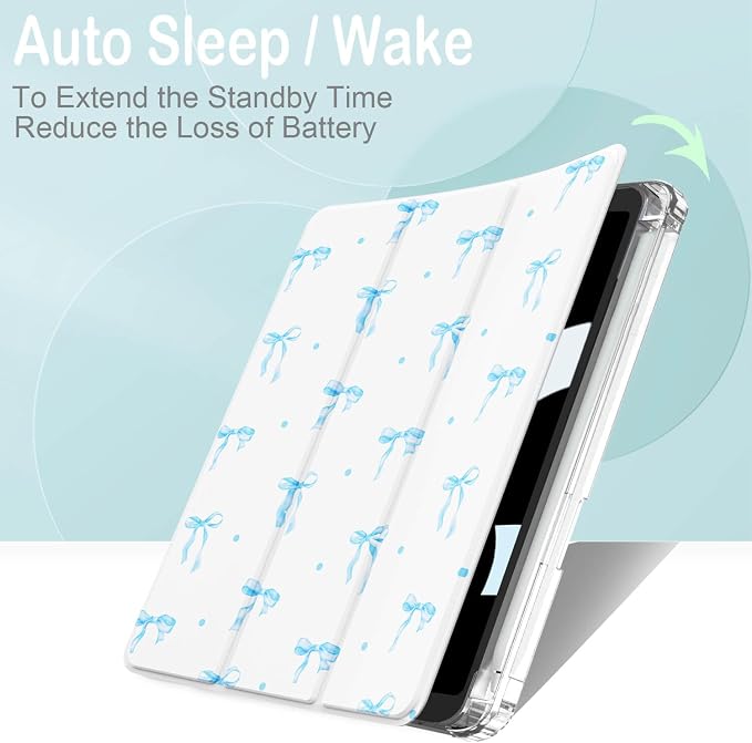 Feams Case for iPad mini 7 A17 Pro 2024/iPad Mini 6 2021 Slim Lightweight Trifold iPad mini 7 A17 Pro Case 8.3 Inch 2024 Clear Back Cover with Pencil Holder &amp Auto Sleep Blue Bow