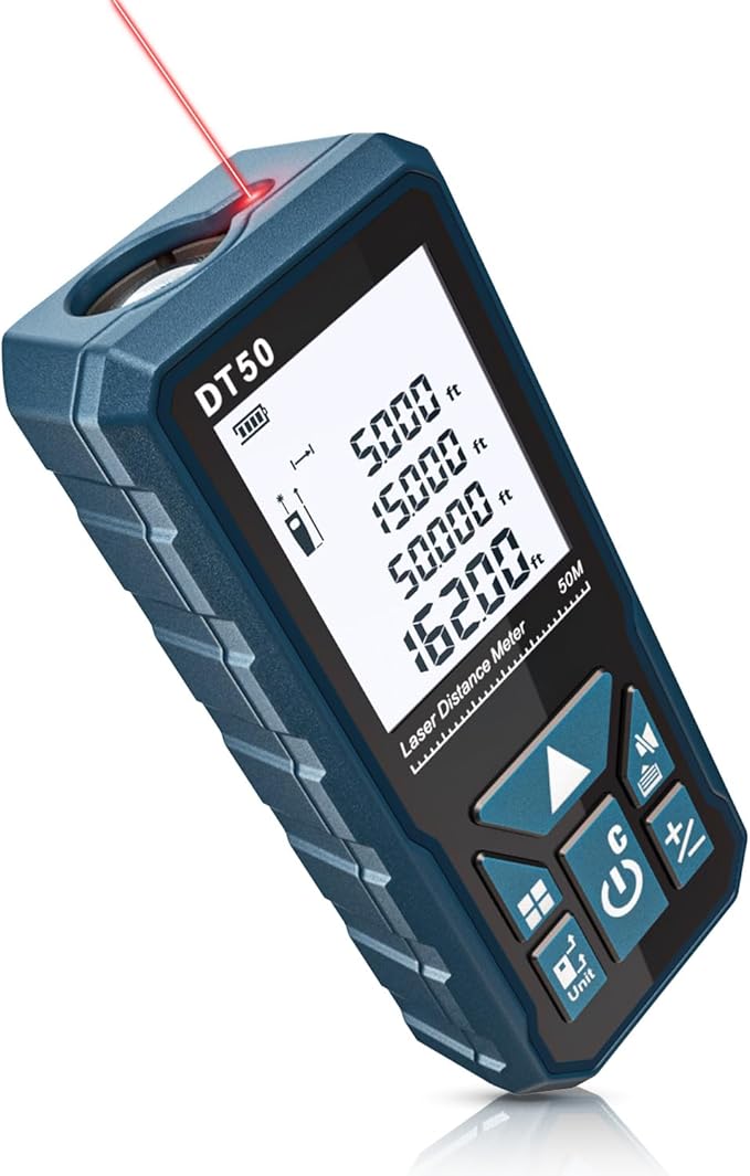 Laser Measure, DTAPE 165 Ft Digital Laser Distance Meter, Upgraded High-Accuracy Laser Measuring Tool, Electronic Tape Measure, 2" Backlit LCD Display, Area/Volume/Indirect Measurement, in/Ft/Ft+in/M
